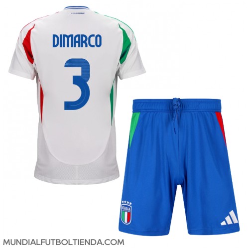 Camiseta Italia Federico Dimarco #3 Segunda Equipación Replica Eurocopa 2024 para niños mangas cortas (+ Pantalones cortos)